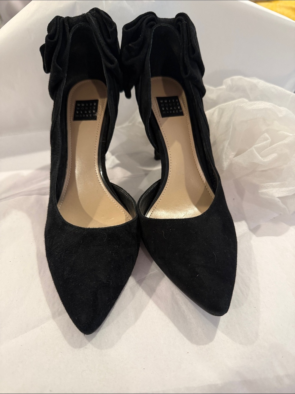 White House Black Market Black Suede Pointed-Toe Heels with Ankle Ruffle Detail